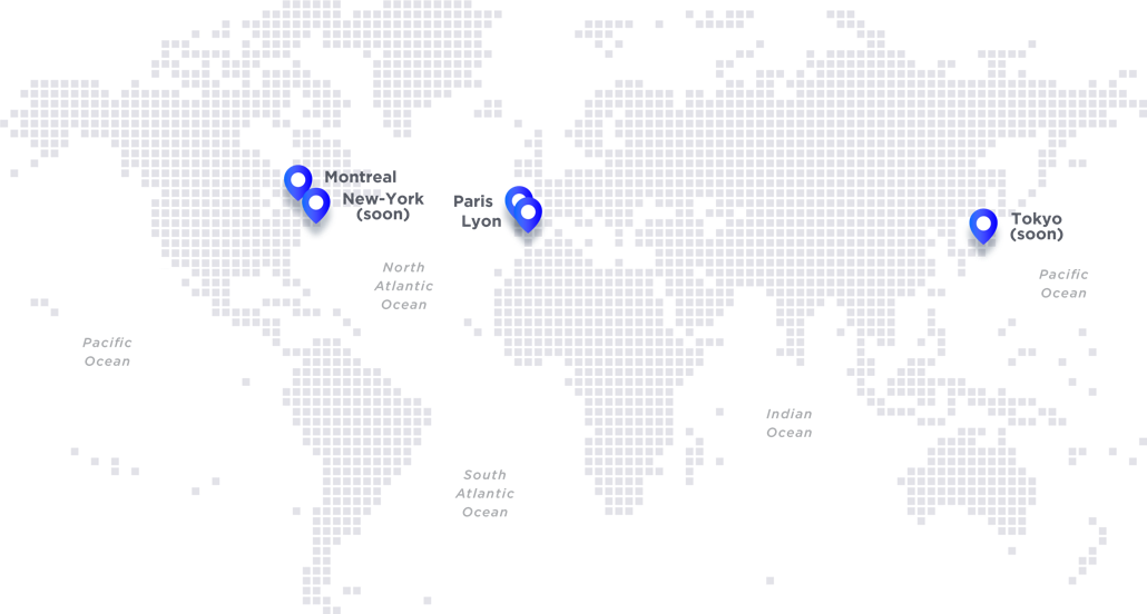 Dawex has two offices in Europe, France, Paris and Lyon. Three offices in North America in Montreal, San Francisco and soon in New York. Dawex will soon have an office in Asia, Japan, Tokyo. Map of Dawex offices around the world.